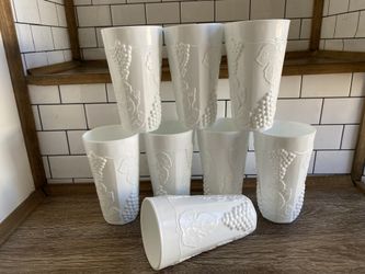 Milk Glass Harvest Grape by Colony Set of 8 Water Iced Tea Glasses Vintage Leaf Tumbler Cup
