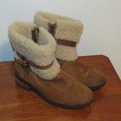 UGG Blayre Zip Winter Ankle Boots Women's Size 11 Brown Leather Sheepskin Cuff