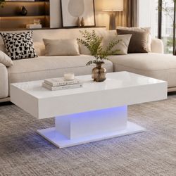 43”  White High Gloss Coffee Table Modern LED Lights Side Table  [NEW]