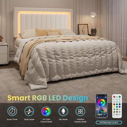B896 $90 Full Size Velvet Bed Frame with LED Light, Adjustable Vertical Channel Tufted Headboard, Strong Wooden Slats Support, Noise-Free, No Box Spri