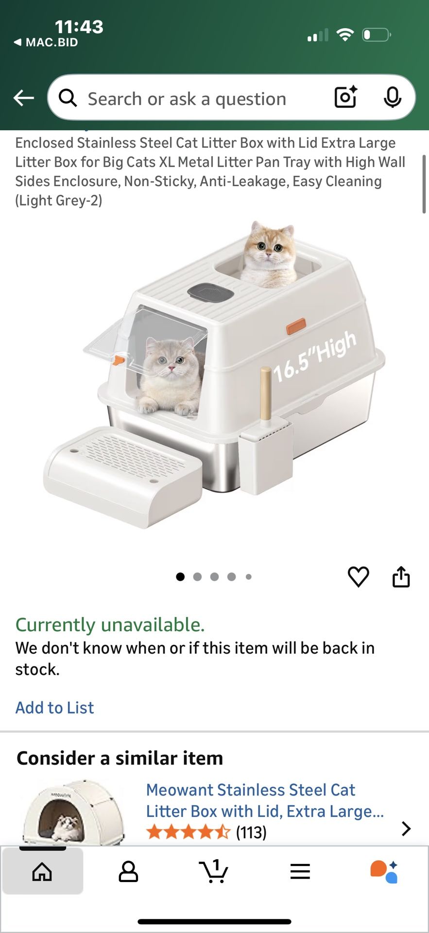 Enclosed Stainless Steel Cat Litter Box with Lid Extra Large Litter Box for Big Cats XL Metal with High Wall Sides Enclosure, Non-Stick