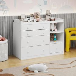 5 Drawer Universal Dresser, Storage Dresser Chest with Open storage compartment, Baby Changing Table Ideal for Nursery, Toddlers and Kids rooms