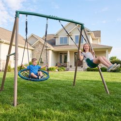 New in the box 7.5FT Heavy-Duty Metal Swing Set for Kids & Family – 500 LB Capacity, 2 Swings(E781)