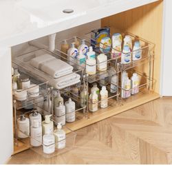 Vtopmart 4 Pack Bathroom Organizer, 2 Tier Clear Under Sink Organizers Vanity Countertop Storage Con