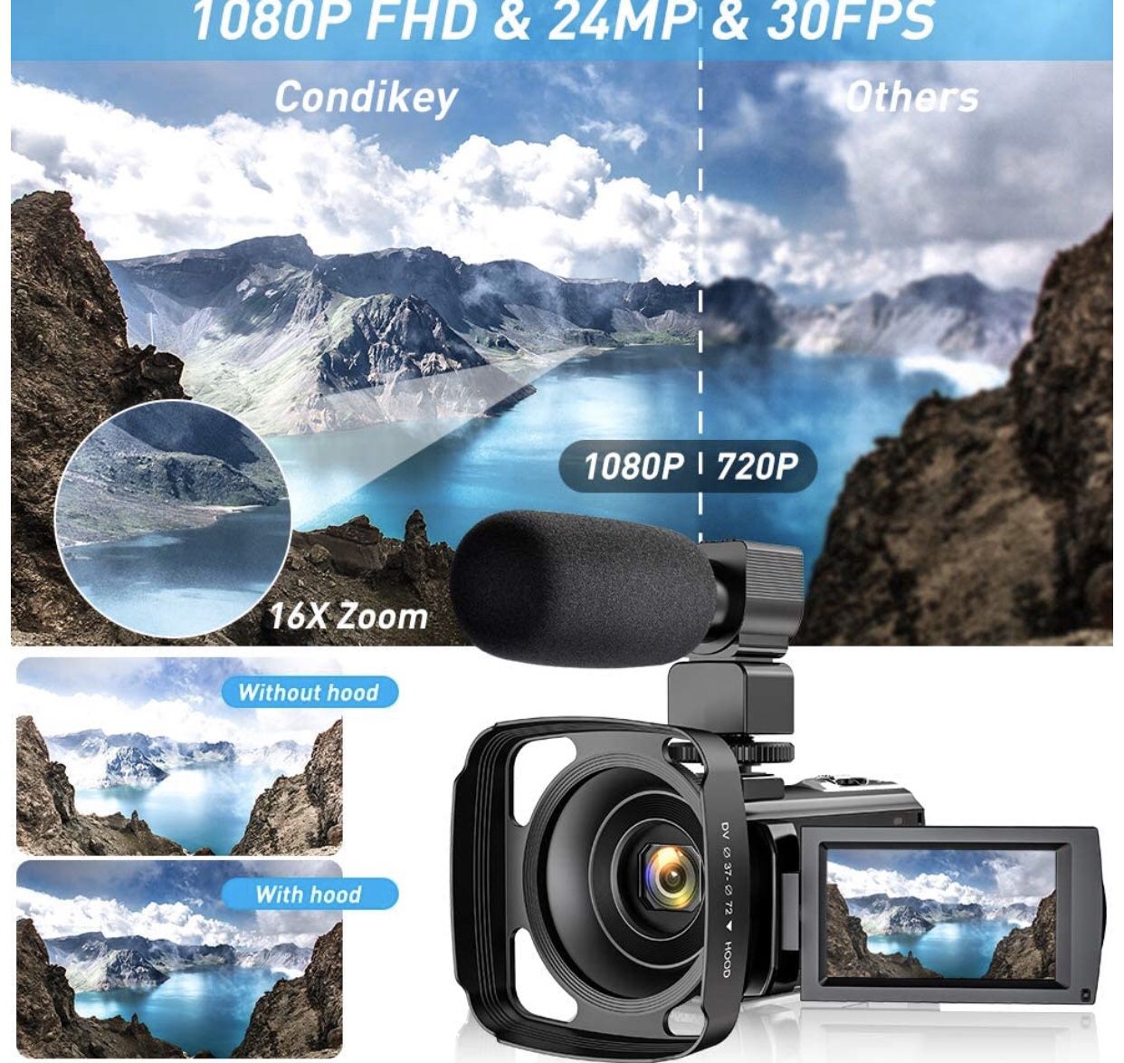 Video Camera Camcorder for YouTube, FHD 1080P 30FPS 24MP Digital Vlogging Camera 16X Digital Zoom 3.0 Inch 270° Rotation Screen Video Recorder with L
