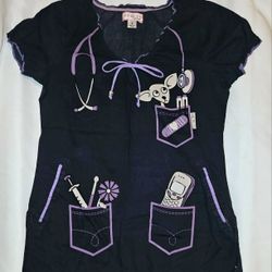 Koi Bridgette Scrub Top In Navy Blue With Lavender Trim Veterinary Size Small