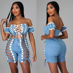 Sassy Babe Shorts Set (Blue/White)