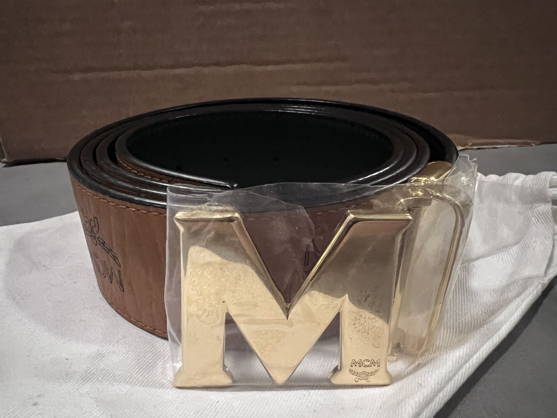 MCM Claus Brown Belt With Gold Plated Buckle