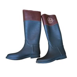Tory Burch Knee High Rubber Waterproof Rain Boots Leather Top Size 7B