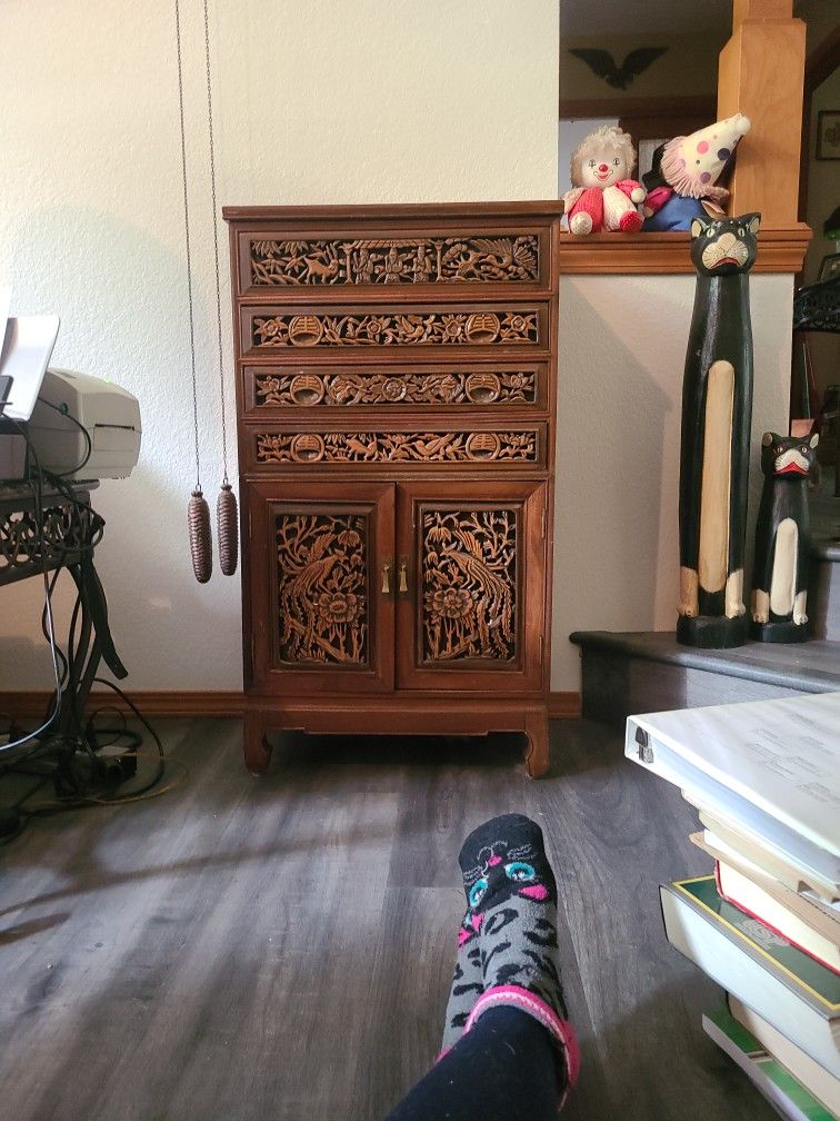 Vintage Asian Carved Silverware Cabinet