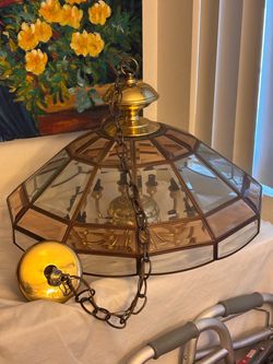 Brass and Glass Panel Hanging Chandelier
