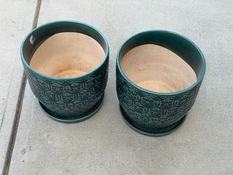 Teal Ceramic Planters with Saucers – Set of 2