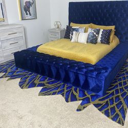 Navy Bed frame With Custom Hand knotted Rug 