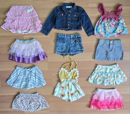 11-Piece, 3T Girls Clothing Bundle: Skorts, Skirts, Denim Jacket, Romper, & Tank Top