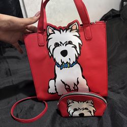 Marc Tetro Westie Dog Tote Bag with Matching Coin Pouch – Red Crossbody Purse