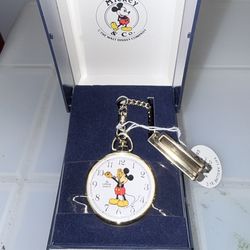 Vintage Lorus Disney Mickey Mouse Quartz Pocket Watch Gold Tone NOS Box