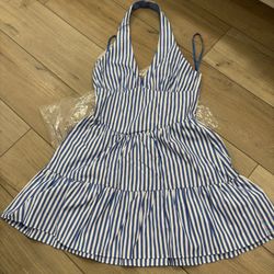 More To Come Blue White Striped Halter A-Line Tiered Cotton Dress