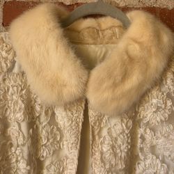 Vintage 1950s Cream Brocade Jacket with Genuine Fur Collar