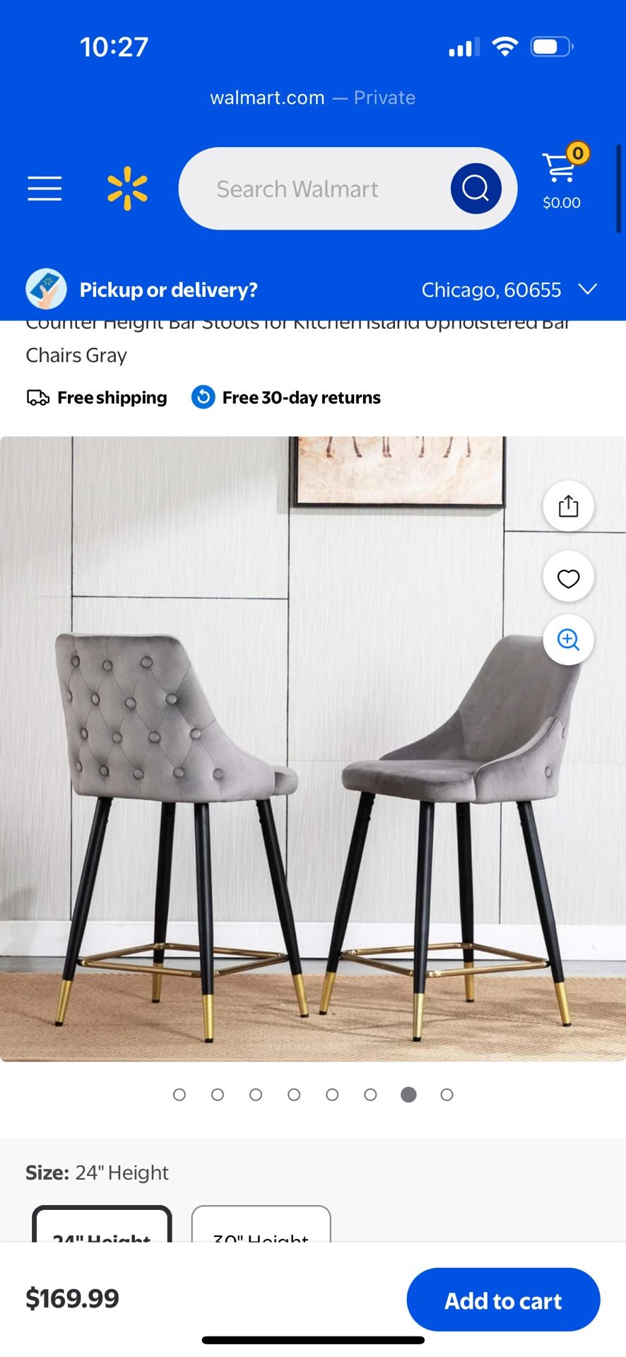 24" Velvet Counter Stools Set Of 8 -$400