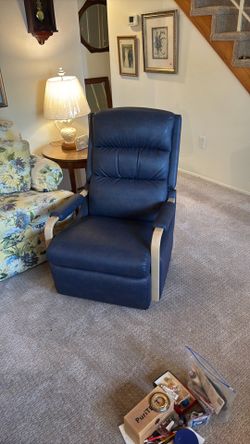 Small Blue La Z Boy vinyl & Wood Recliner