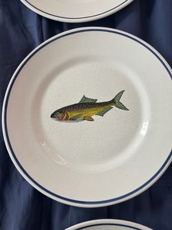 Vintage Ceramic Fish Plates with Blue Rim