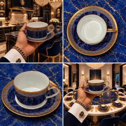 8 PCS Christian Dior Azure Royale Fine Original Art 4 CUP & SAUCER 1990s Vintage Porcelain CD REAL GOLD GILT Teacup And Authentic Brand Name HILLCREST