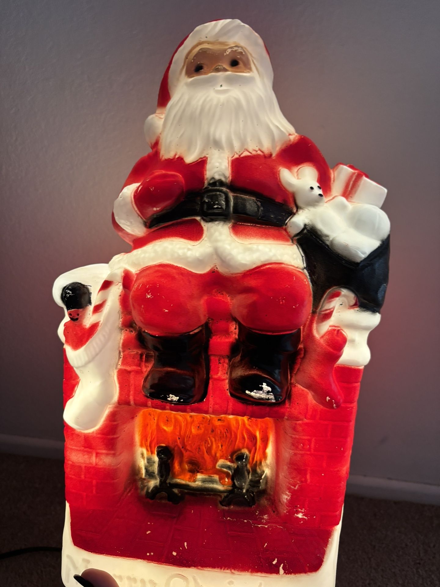 Vintage Christmas Blow Mold Santa Sitting On Chimney 17” With New Corded Bulb