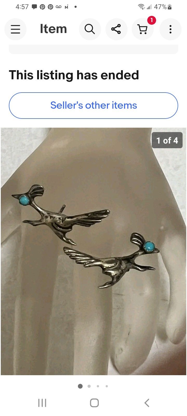 Vtg.sterling Silver Turquoise Eye-Dersert ROADRUNNER " Earrings