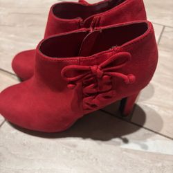 Red Suede Ankle Boots Bow Detail