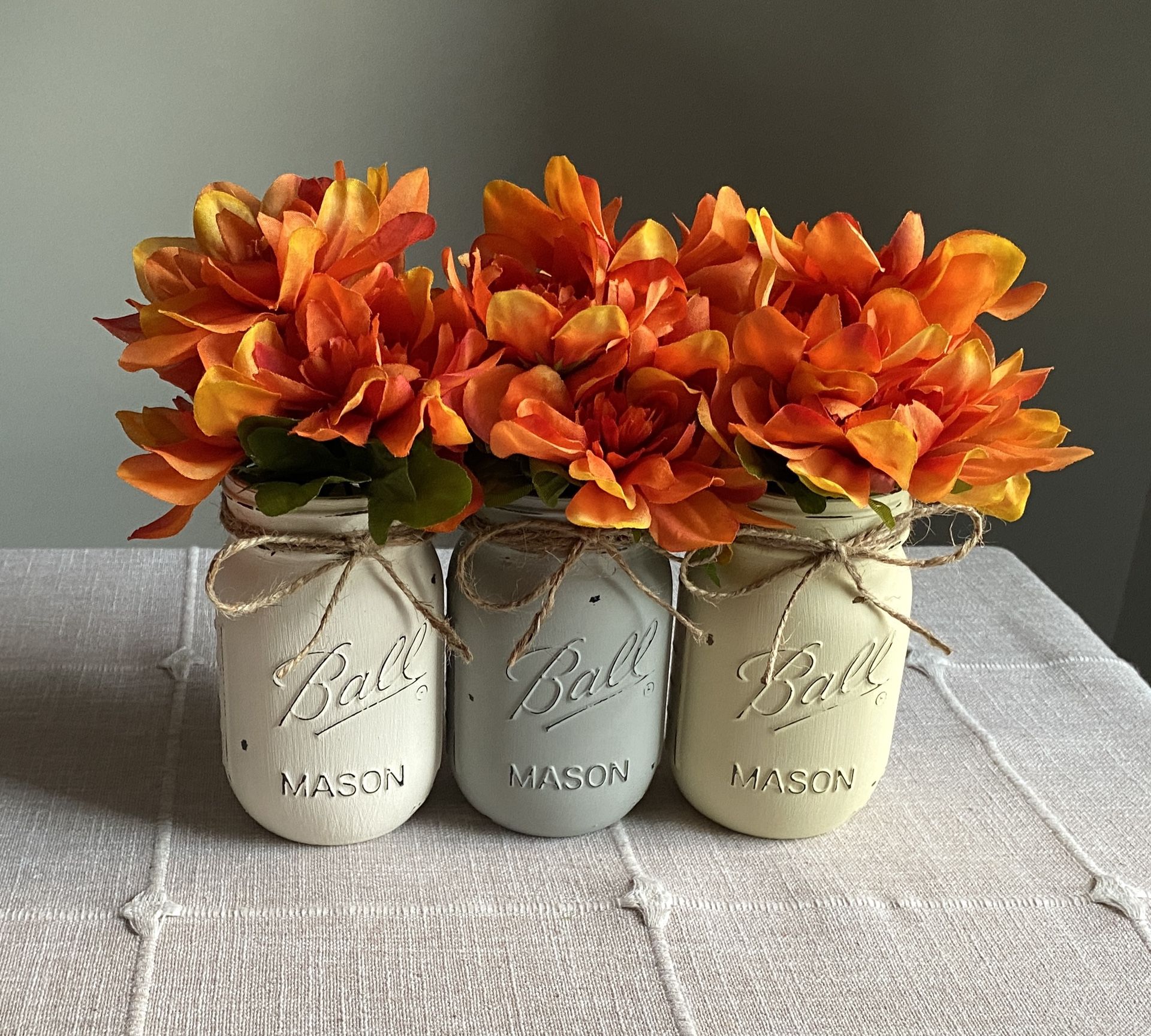 Chalk Painted & Distressed Mason Jar Vases w/faux Flowers Included 3 for $18