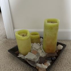 3 Candles With Brown Tray And Rocks
