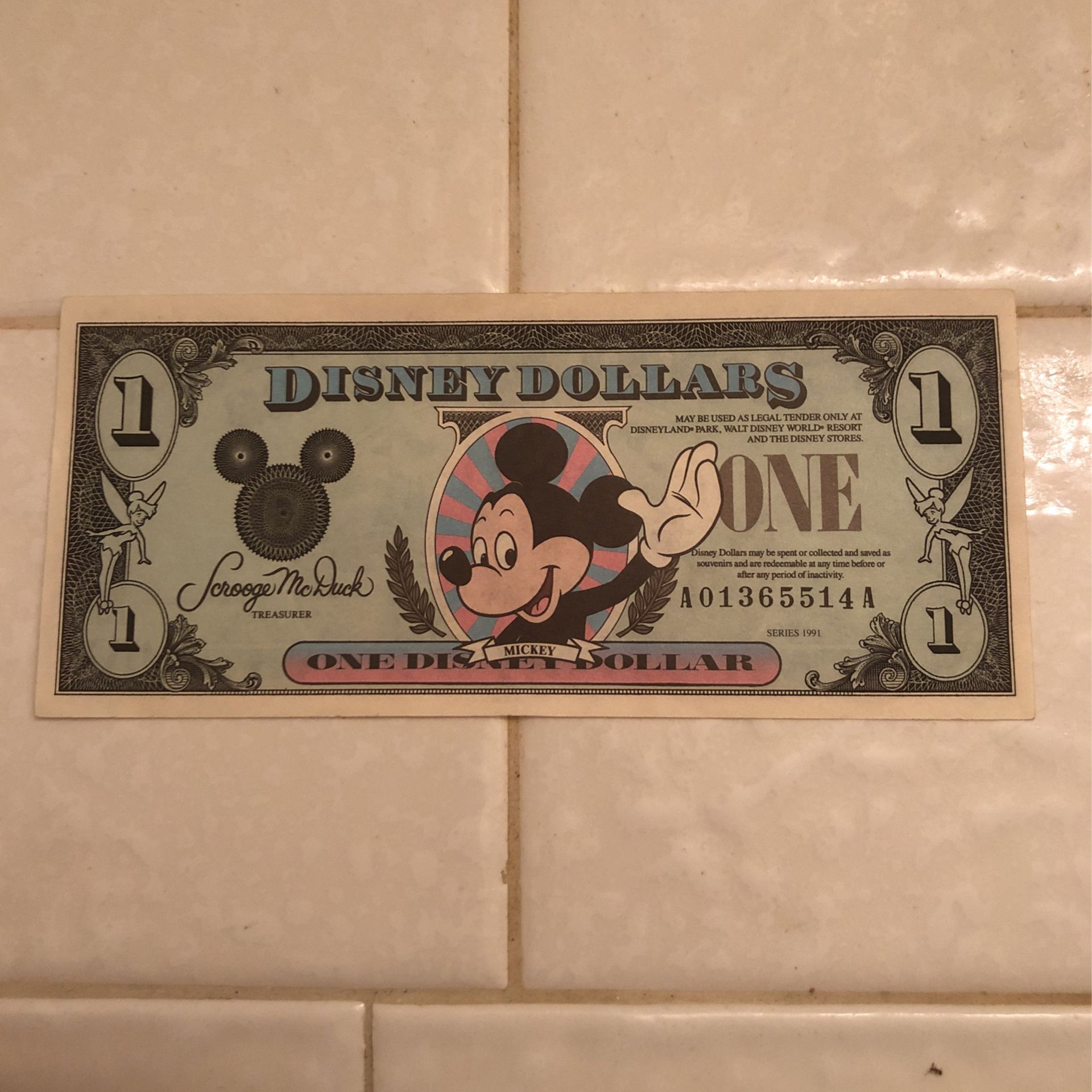 1991 Disney Dollar Bill