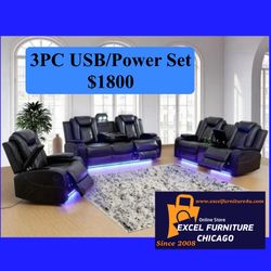 💥FREE DELIVERY💥Brand New POWER, LED, USB  3PC Reclining Sofa Loveseat Chair Set 