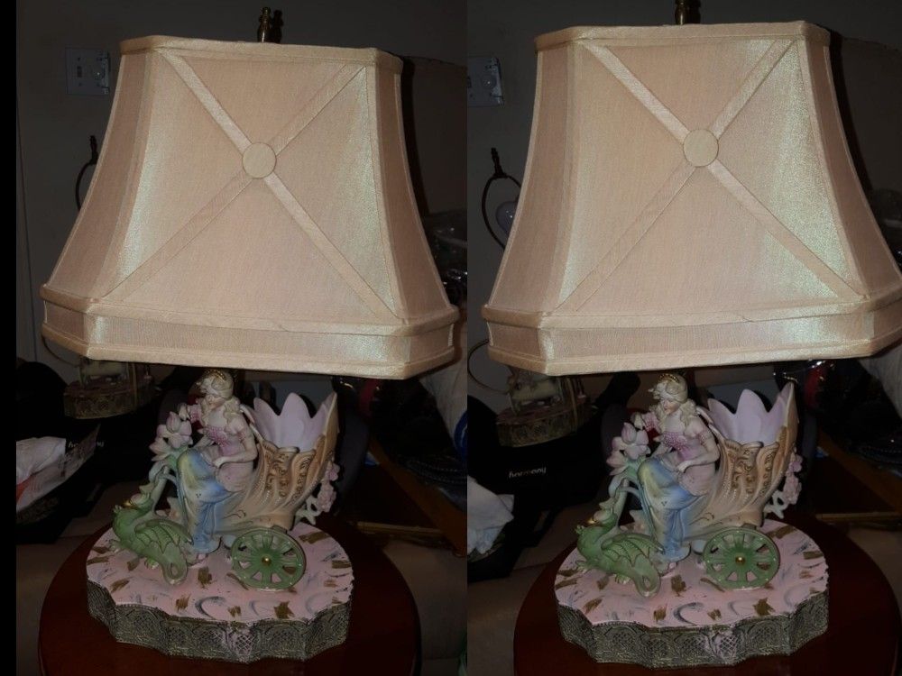 Pair of Porcelain Lady on Brass Base Lamps, Vintage, Very Detailed