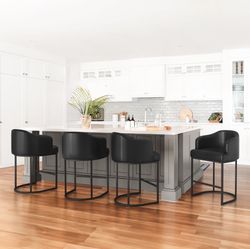 27''H Faux Leather Upholstered Metal Bar Stool, Black (Set of 4)