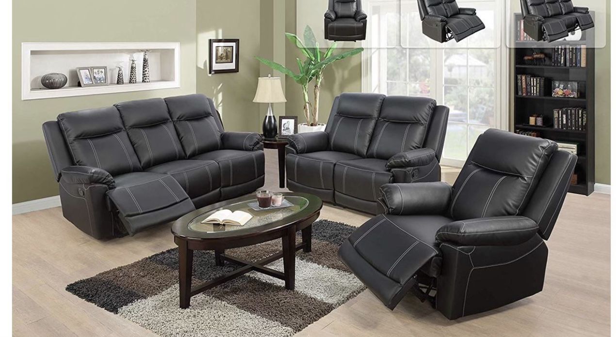 Black Leather Fully Reclining Three Piece Couch Set 