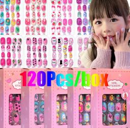120Pcs/Box Cartoon Gril Princess Children Press On Nails 6-14Years Kawaii Cat