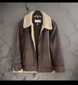 Calvin Klein Brown Leather Shearling-Lined Bomber Jacket Men's M