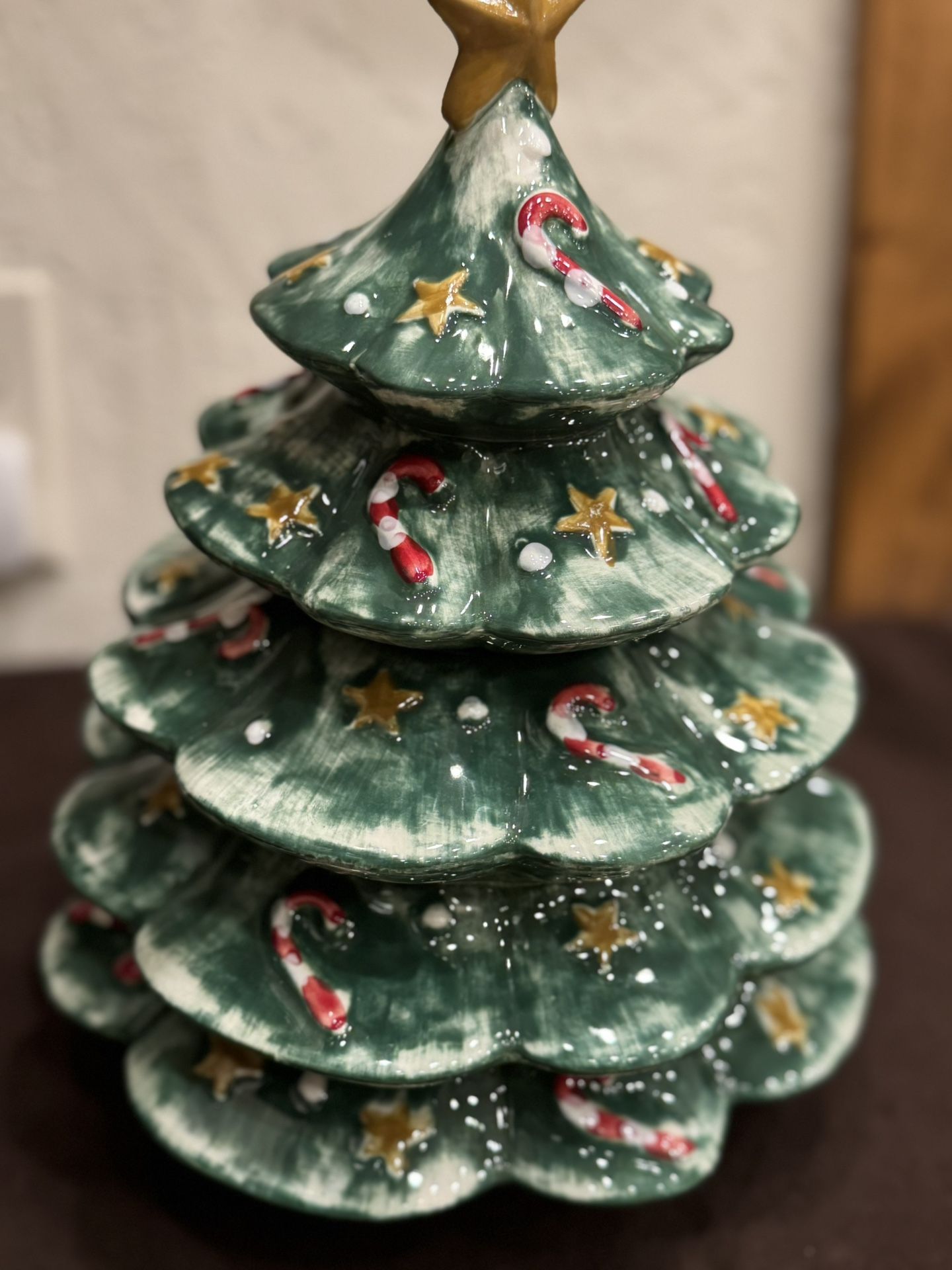 Ceramic Christmas tree figurine with candy cane and star decorations