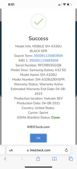 Samsung Galaxy A32 5G Model Name: SM-A326U Model Number: SM