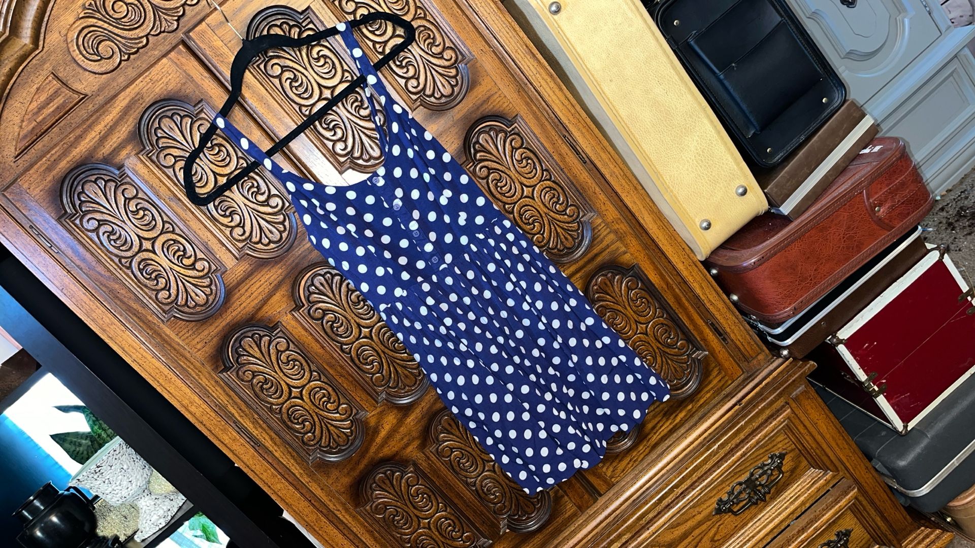 Medium Ladies Blue Sun Dress White Polka Dots