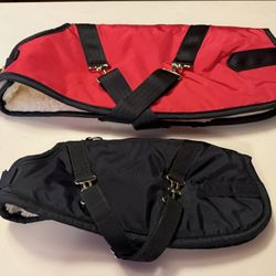 2 FOGGY MOUNTAIN WINTER DOG COATS WITH FAUX  FLEECE LINING BLACK SIZE 12=12.5”…$40  NEW RED SIZE 16=16.5”..$60