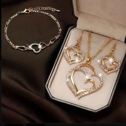 Double Hallow Heart Jewlery Set 14k Gold Plated 