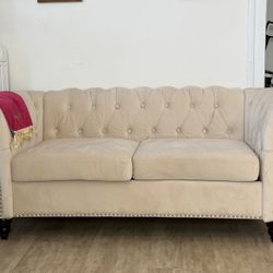 Velvet Beige Tufted Loveseat Sofa -less than 6 month old