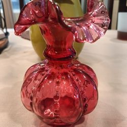 Fenton Vintage Cranberry Beaded  Melon Ruffled vase 