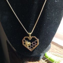 Bee Hive Heart Pendant On  Gold "Fossil" Chain