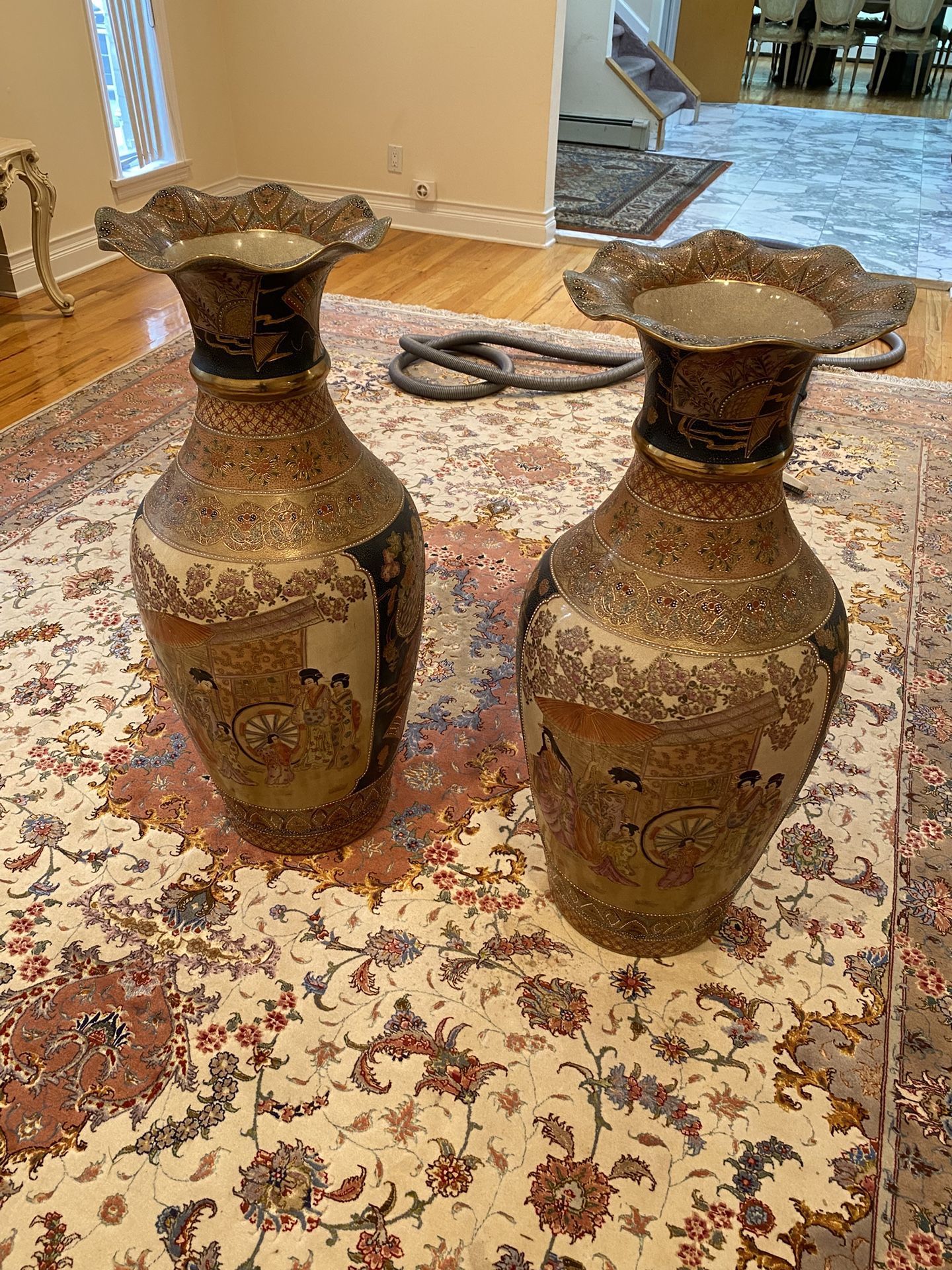 (2) Pair of LARGE Japanese Satsuma Antique Style Floor Vases – Hand-Painted with Samurai & Geisha Scenes VERY HEAVY