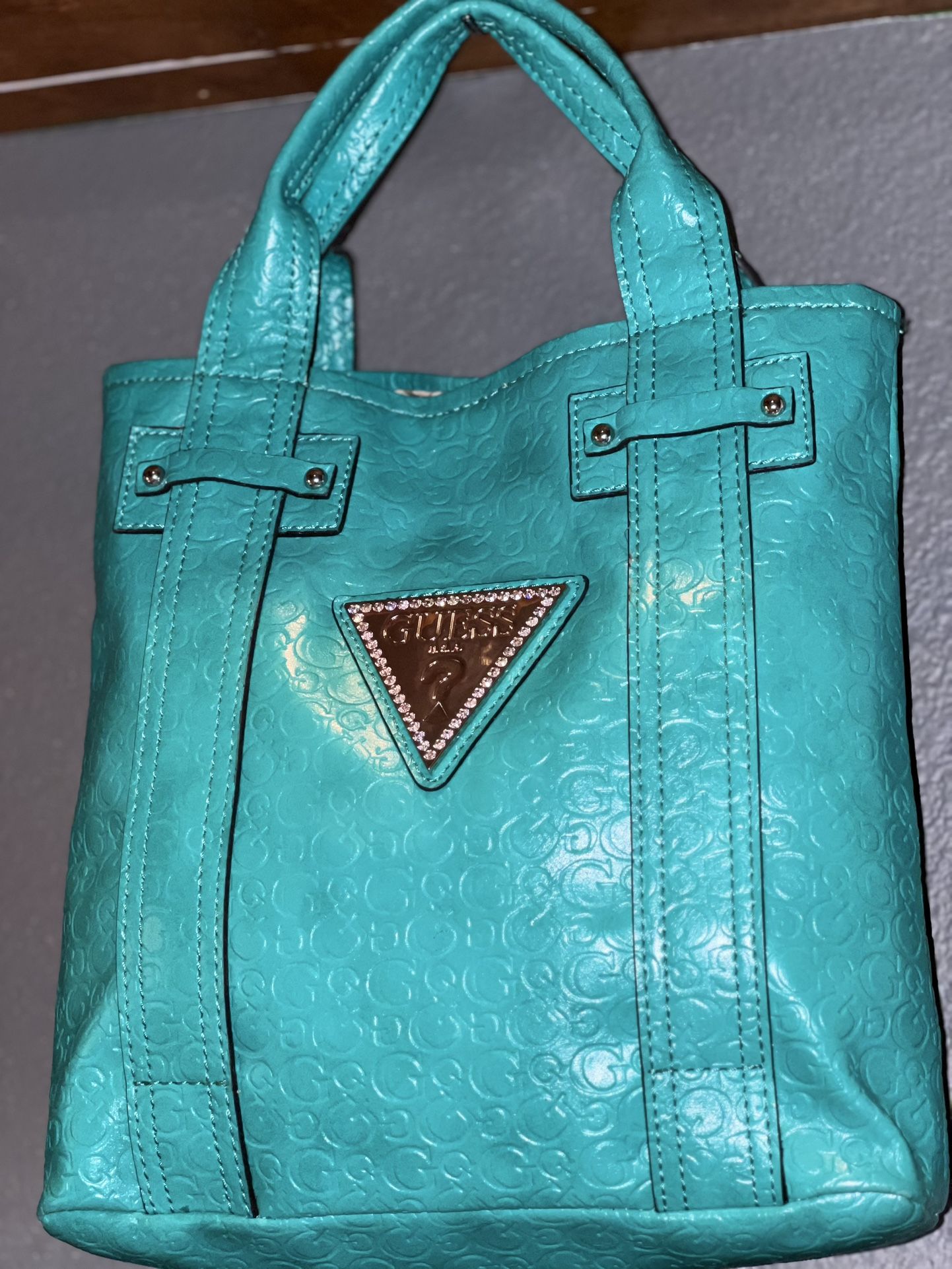 GUESS Monogram Leather Teal Women's Small Tote Bag Purse Shoulder Bag Studded