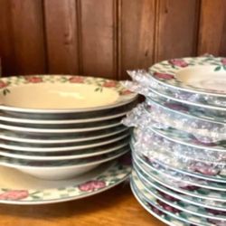 Vintage Tienshan Stoneware Apple Dinnerware, Cookie Jar, and Tea Set