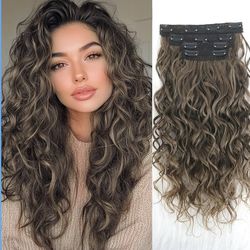 Curly Hair Extensions,LEOSA 4PCS 16 inch Clip in Hair Extensions Short Curly Lace Weft Extension Clip Ins Invisible Natural Hairpieces for Women,Choco